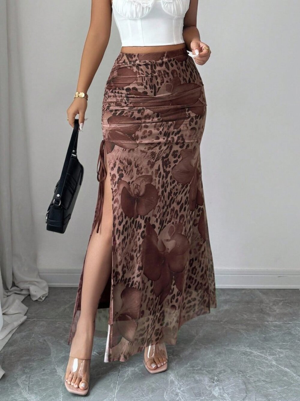 Brown Elegant Women's Leopard Print A-Line Skirt With Slit